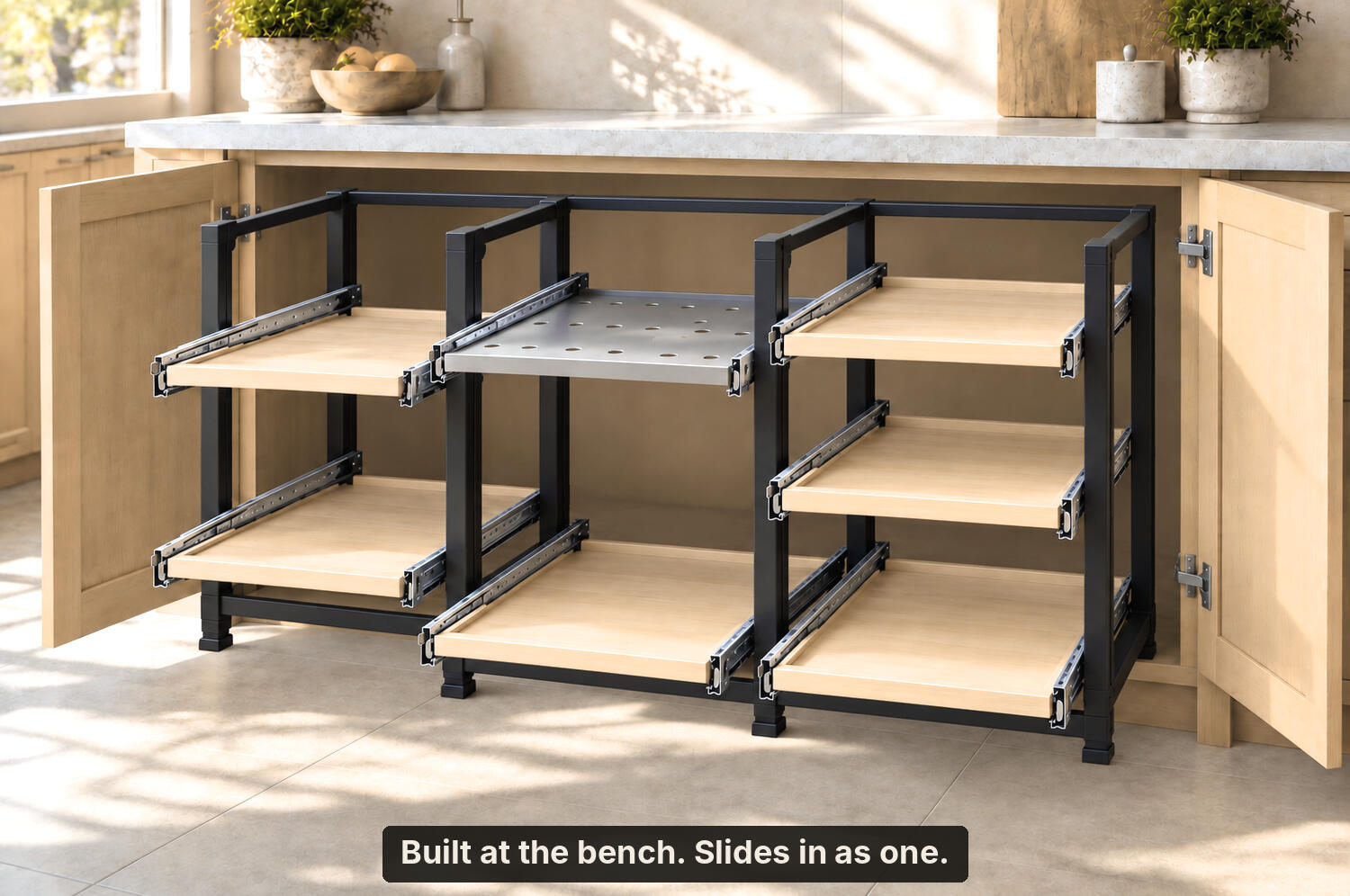 CabZone frame assembled outside,sliding into a base cabinet as one unit