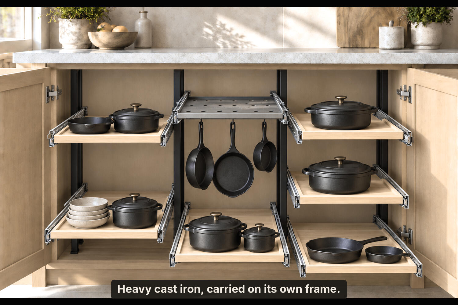 CabZone: One frame. Every base cabinet. The same frame in use, holding cast iron cookware on pull out shelves