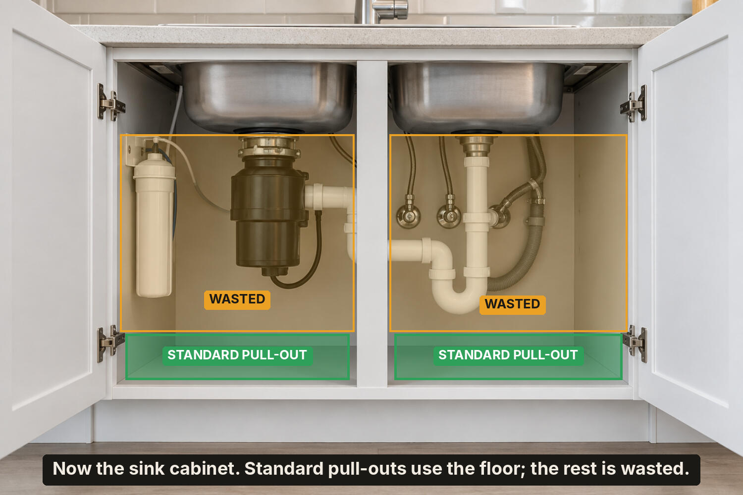 Empty sink cabinet, its space blocked by plumbing, disposal and filter